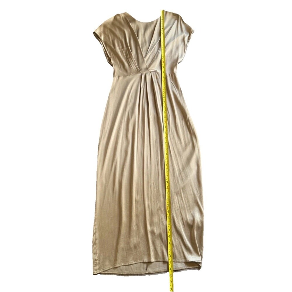 Golden-Beige Satin-like Midi V-neckline Short Sleeves Stretch Dress Sz XS Fits S - Picture 7 of 16